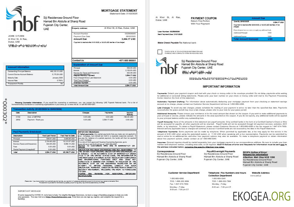 Relevé hypothécaire de la banque nationale des Émirats arabes unis Fujeirah aux formats Word et PDF 1 , 2
